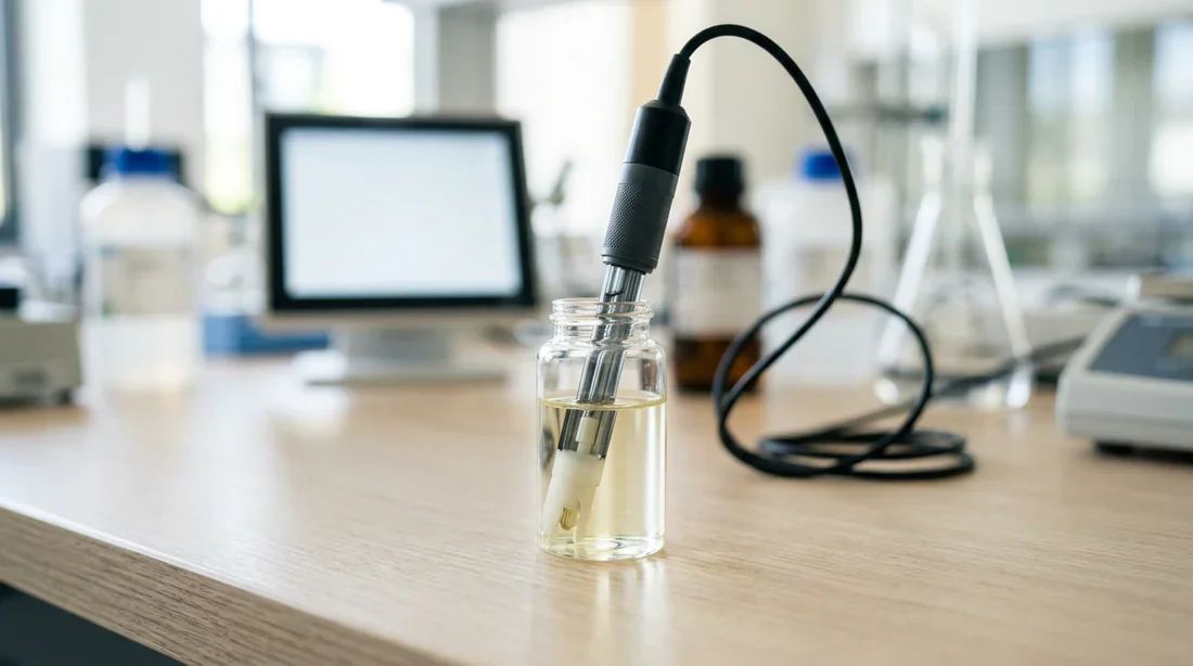 Étalonnage d'une sonde pH de piscine dans une flacon de solution étalon