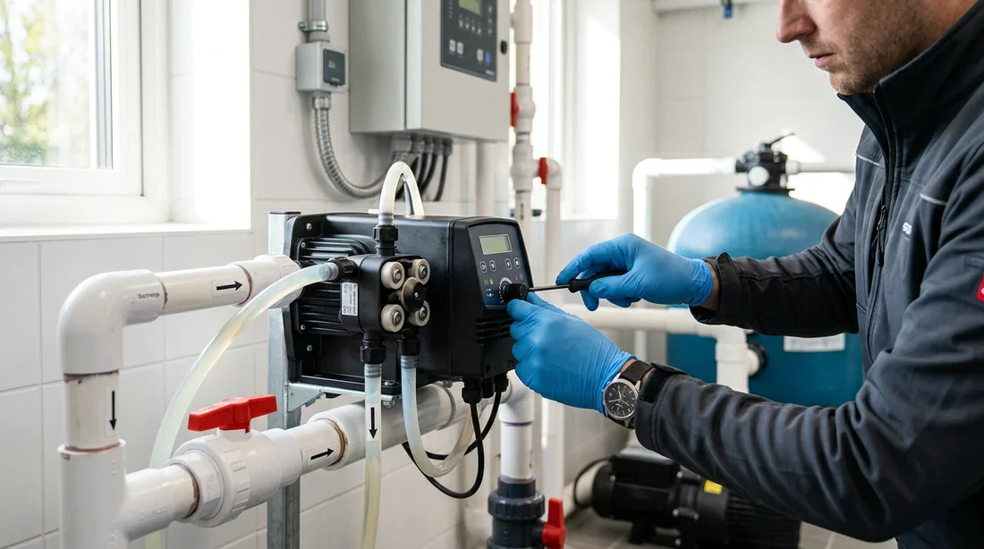 Installation professionnelle d'une pompe doseuse de pH dans un local technique