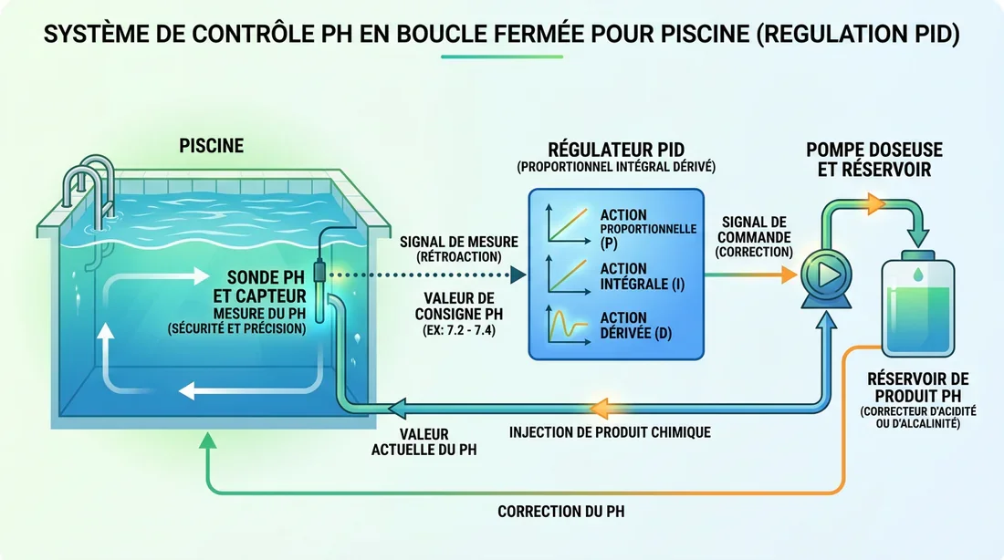 Schéma explicatif de la boucle de régulation PID du pH d'une piscine