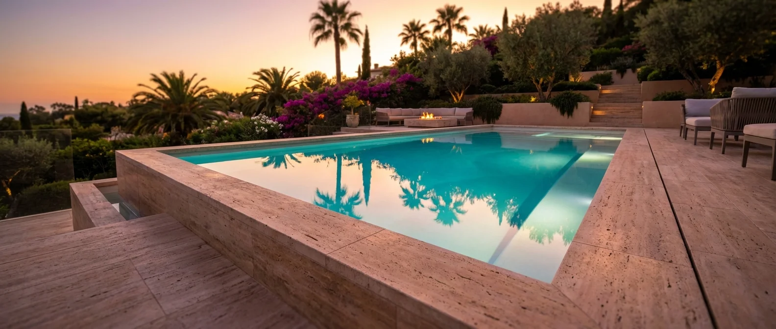Une magnifique piscine coque moderne installée sur une terrasse en pierre au coucher du soleil
