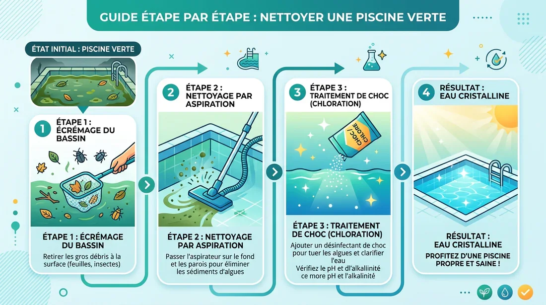 Guide étape par étape pour nettoyer une piscine verte Infographie étapes nettoyage piscine verte