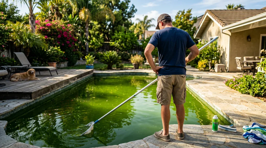 Problème d'eau verte dans une piscine résidentielle Propriétaire de piscine regardant une eau verte et trouble
