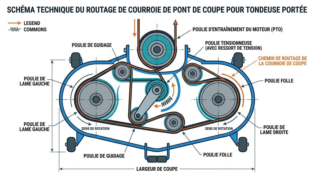 Schéma du cheminement de la courroie de tondeuse Schéma et plan de passage de la courroie sur les poulies du plateau