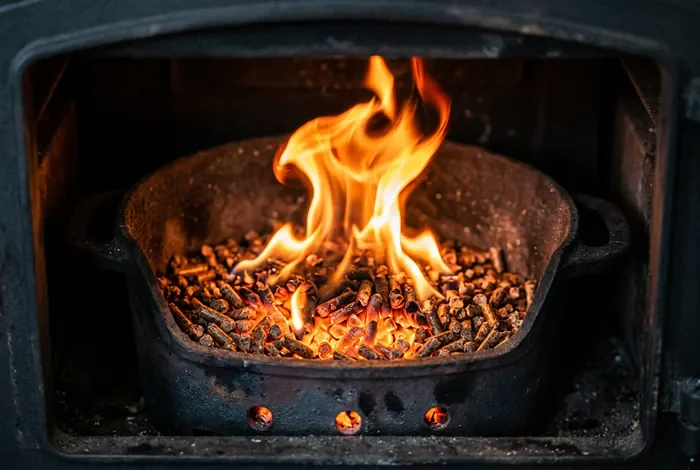 Poêle à pellet qui fume au démarrage : 5 Causes et Solutions - Poêle qui fume au démarrage : Le Guide de Survie Ultime - Pourquoi votre poêle à pellet fume-t-il au démarrage ? Creuset de poêle à granulés propre avec une flamme vive