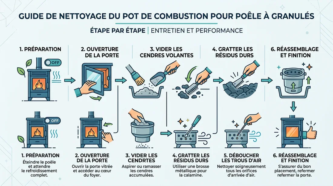 Guide étape par étape entretien poêle Infographie des étapes de nettoyage d'un creuset de poêle