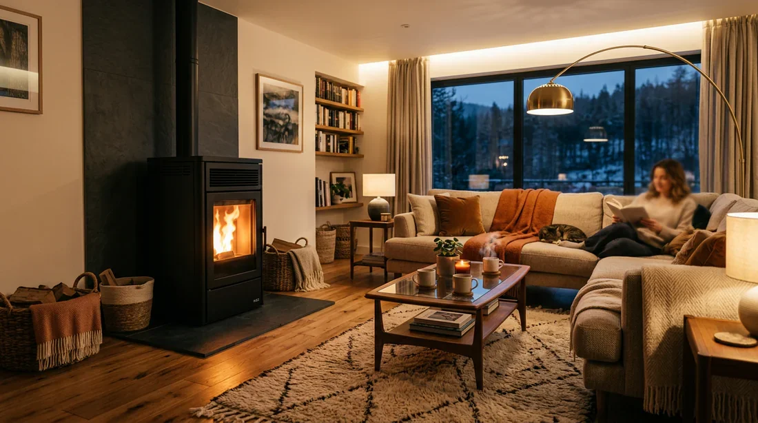 Poêle à granulés moderne et confort domestique Poêle à granulés moderne en fonctionnement dans un salon chaleureux