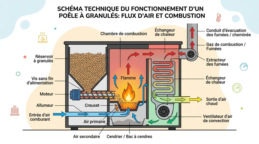 Fonctionnement technique poêle à granulés Schéma technique du système de combustion d'un poêle