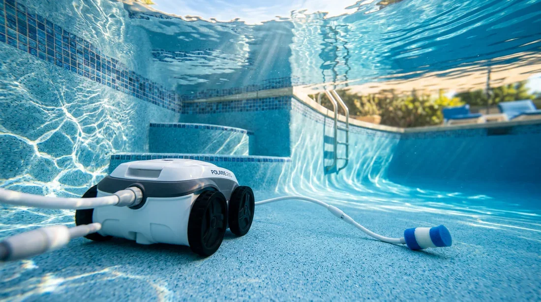 Robot de piscine Polaris 280 au fond de l'eau Robot nettoyeur Polaris 280 immergé au fond d'une piscine d'eau claire