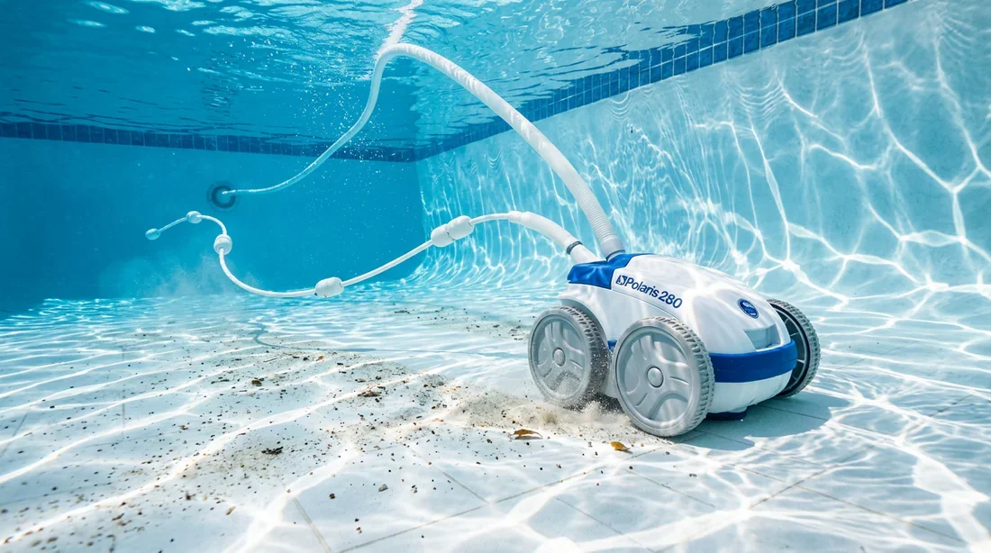 Action de nettoyage du robot Polaris 280 Robot Polaris 280 en action nettoyant le fond du bassin avec sa queue de balayage