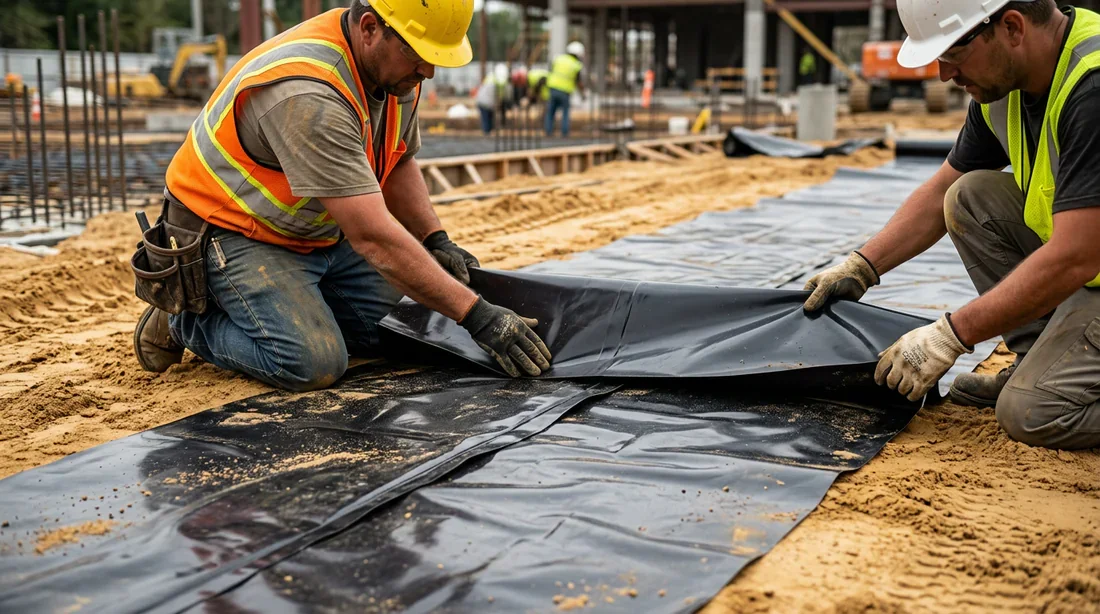 Installation minutieuse de la membrane polyane sur chantier