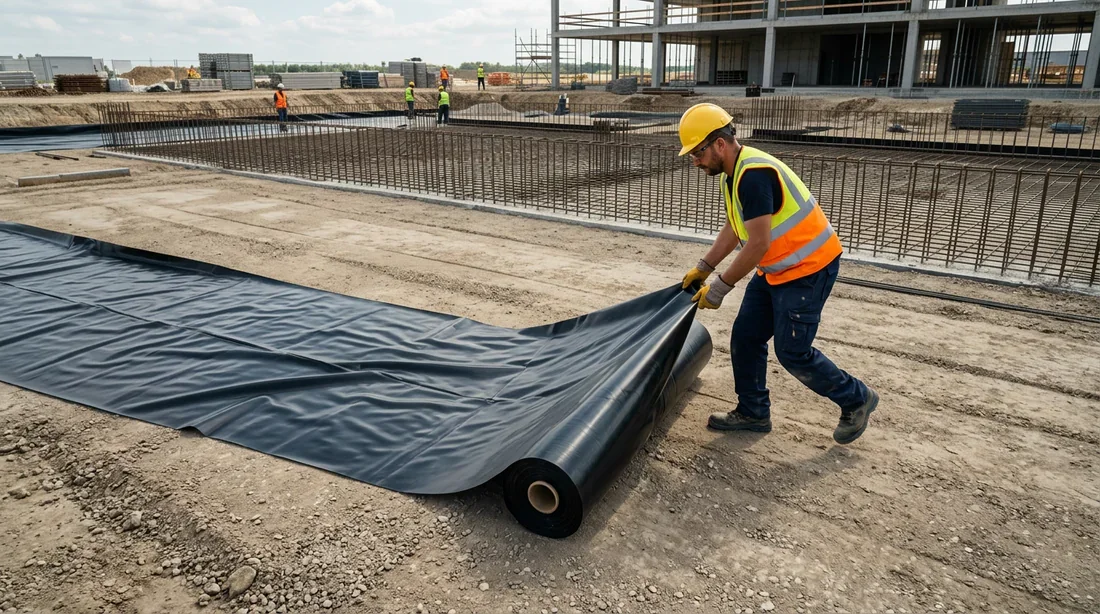 Ouvrier du bâtiment déroulant un film polyane sur un chantier de construction