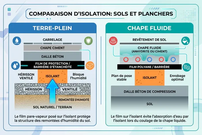 Polyane sur ou sous isolant : Guide pose - Polyane : Le Guide Ultime (2026) - Où placer le polyane ? La règle d'or Schéma comparatif pose polyane terre-plein et chape fluide