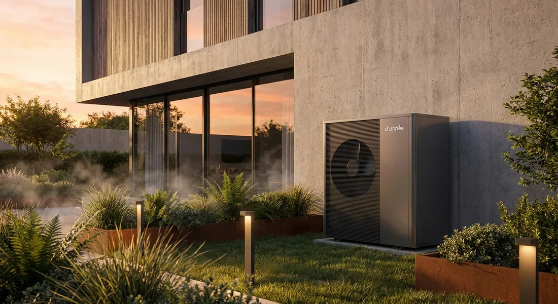 Unité extérieure de pompe à chaleur Chappée Installation d'une pompe à chaleur Chappée devant une maison moderne et jardin écologique