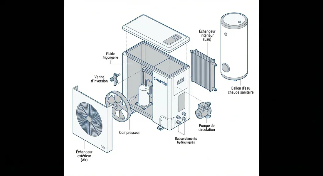 Fonctionnement interne PAC Chappée Schéma technique du fonctionnement d'une pompe à chaleur air-eau