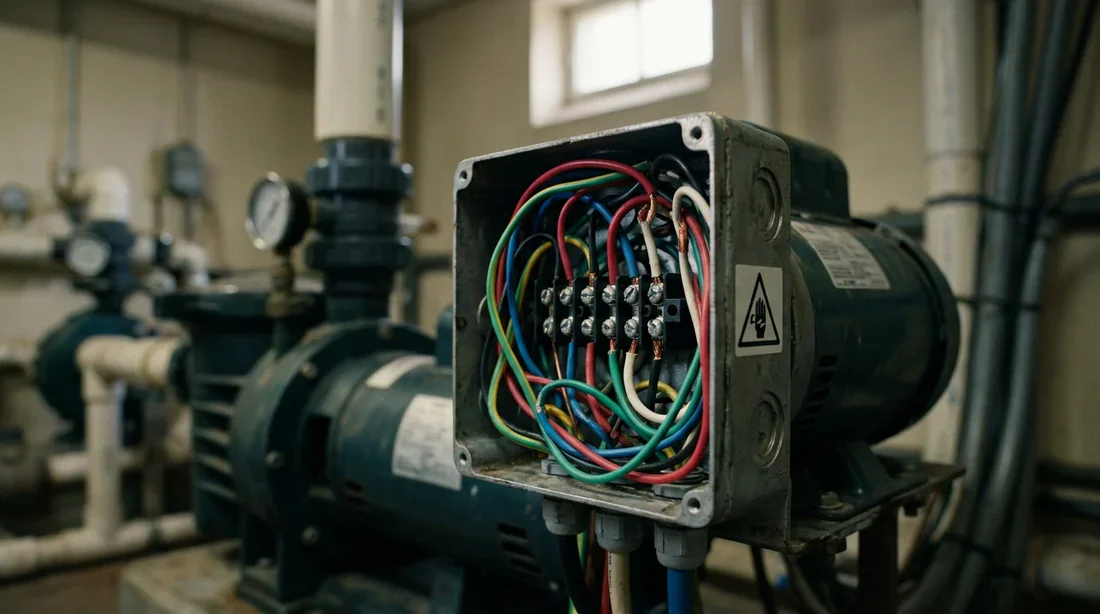 Maintenance électrique d'une pompe de piscine Boîtier électrique ouvert d'une pompe de piscine avec signalisation de danger