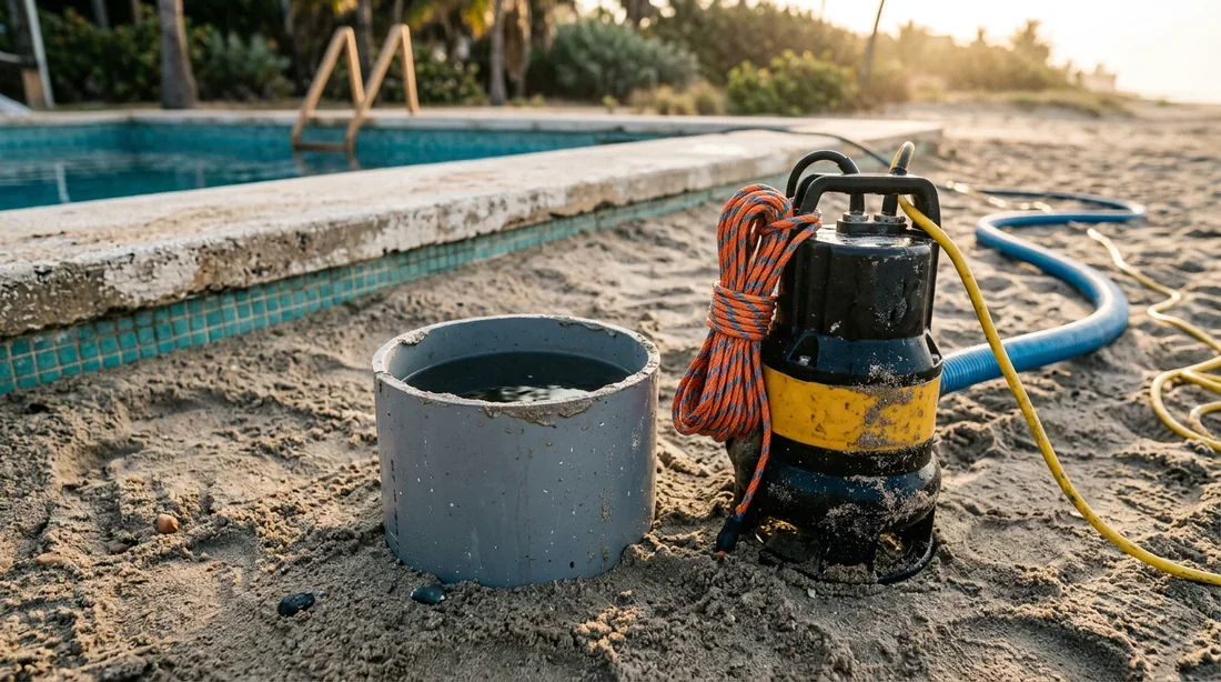 Mise en place du puits de décompression pour piscine Installation d'une pompe vide-cave dans un puits de décompression près d'une piscine