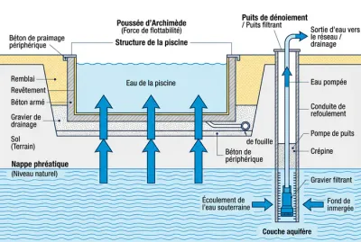 Schéma technique de la poussée d'Archimède et du drainage d'une piscine