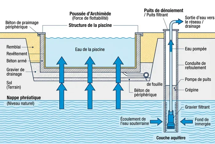 Pompe puit de décompression : Guide 2026 - Pompe piscine : Le guide ultime pour éviter la casse - Puits de décompression : comment bien choisir sa pompe ? Schéma technique de la poussée d'Archimède et du drainage d'une piscine