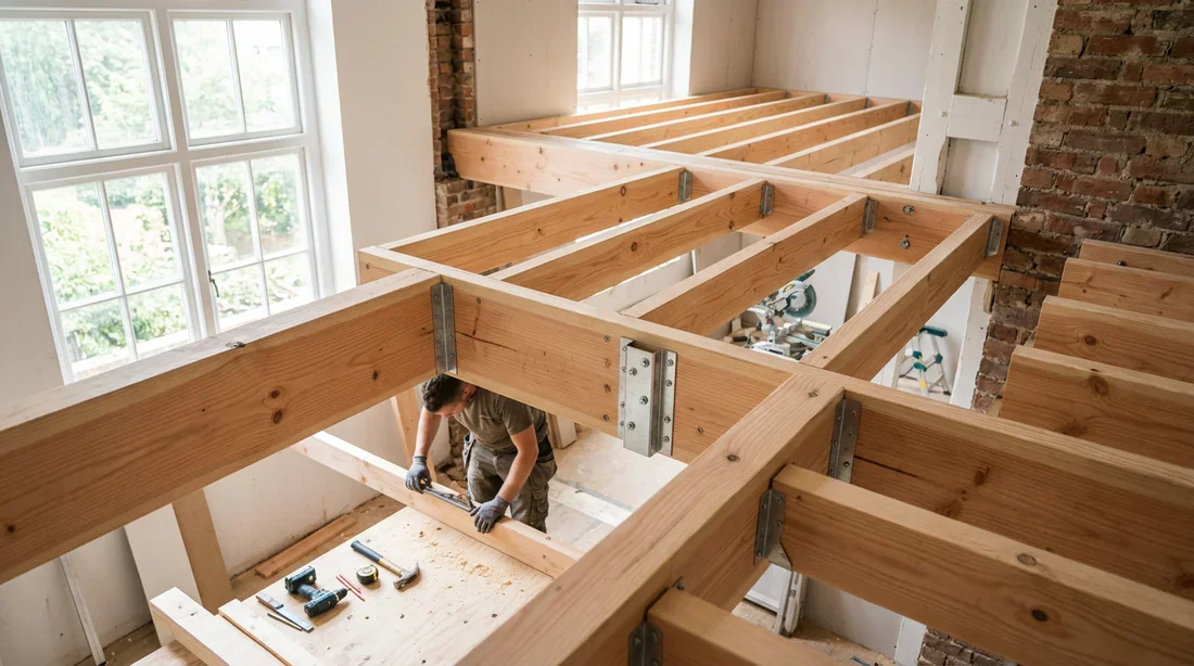 Pose d'un solivage de plancher en bois en rénovation Chantier de rénovation avec pose d'un solivage en bois neuf et sabots métalliques pour une mezzanine