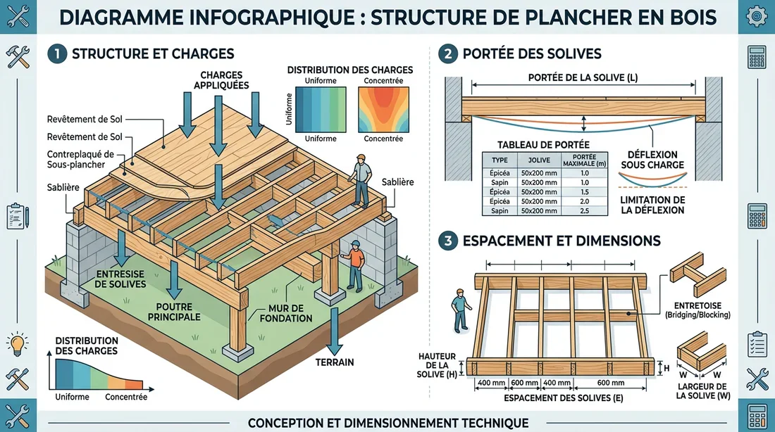 Schéma d'un solivage de plancher en bois Schéma explicatif de la structure et de la portée d'un solivage de plancher en bois