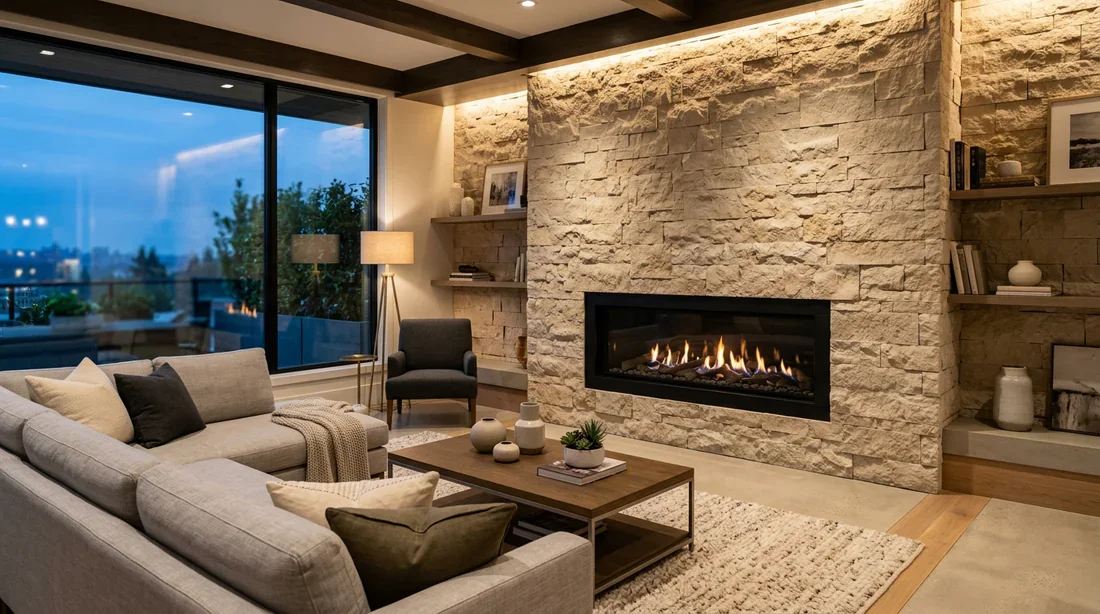 Aménagement intérieur avec parement mural en pierre Mur intérieur décoré avec un parement en pierre beige