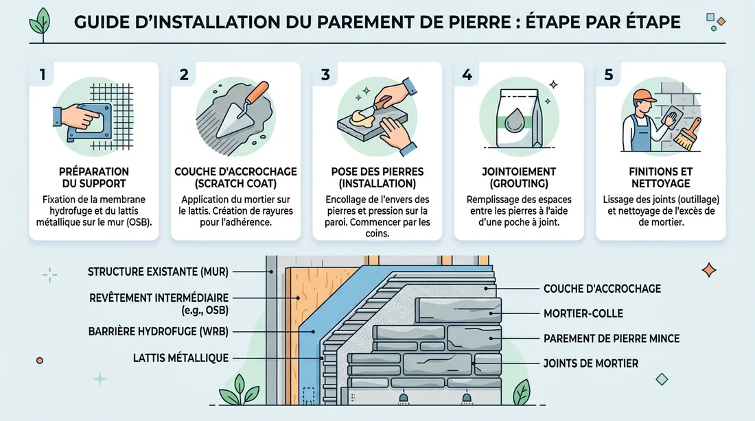 Guide technique de pose de parement Schéma explicatif des étapes de pose d'un parement mural