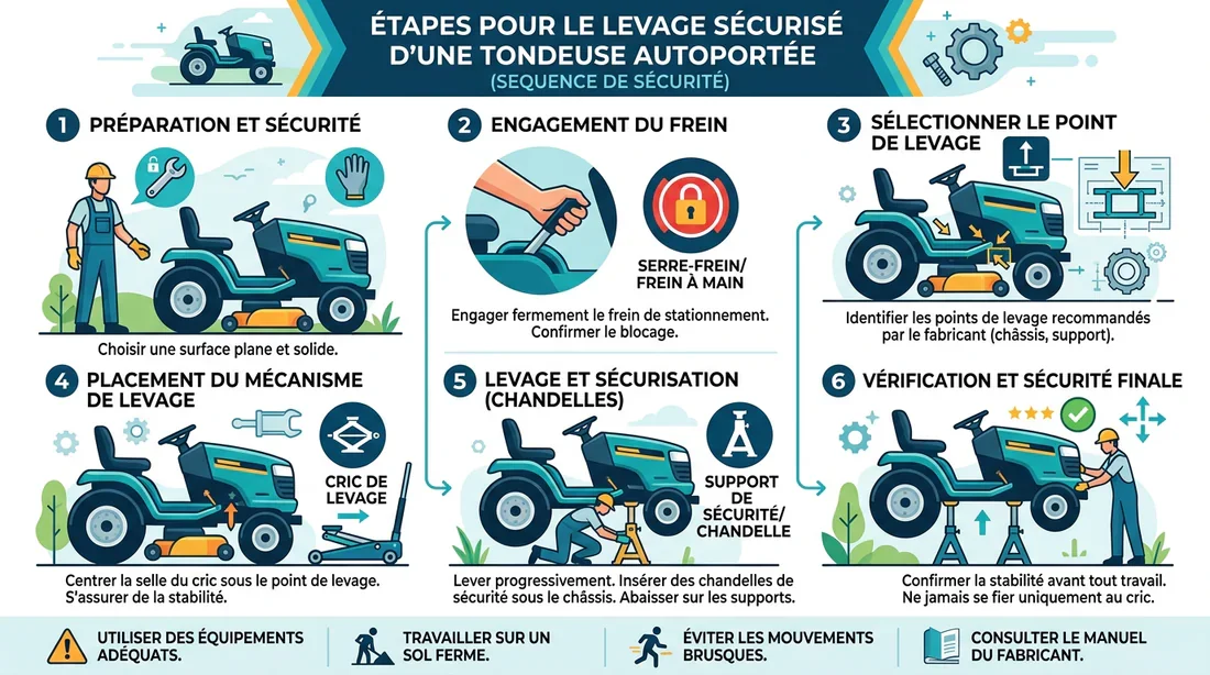 Infographie des étapes de levage d'un tracteur tondeuse