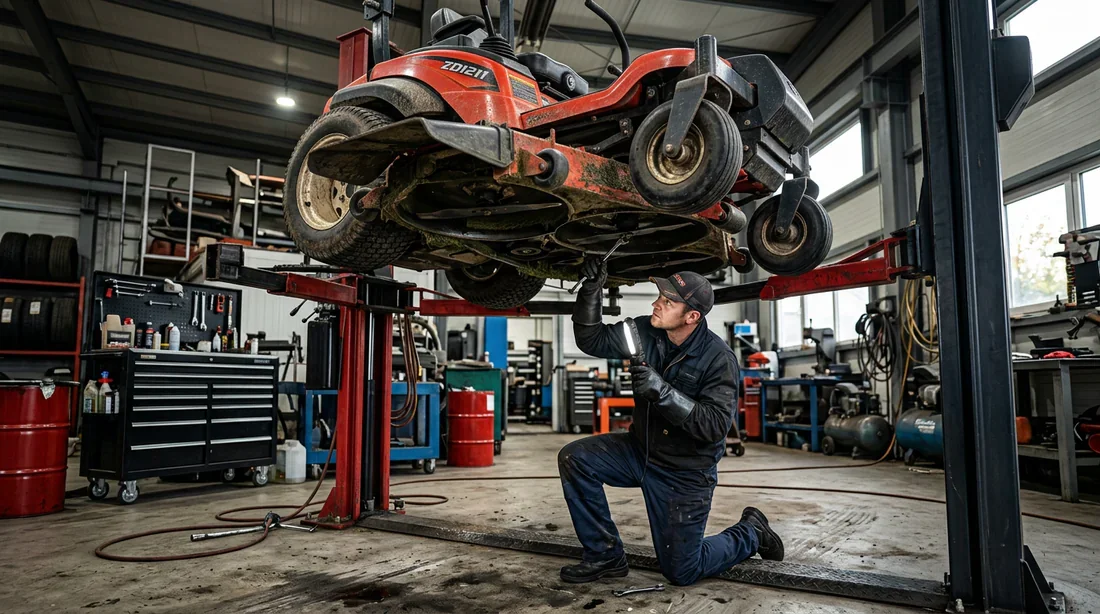 Mécanicien inspectant le plateau de coupe d'un tracteur tondeuse sur un lève-tracteur