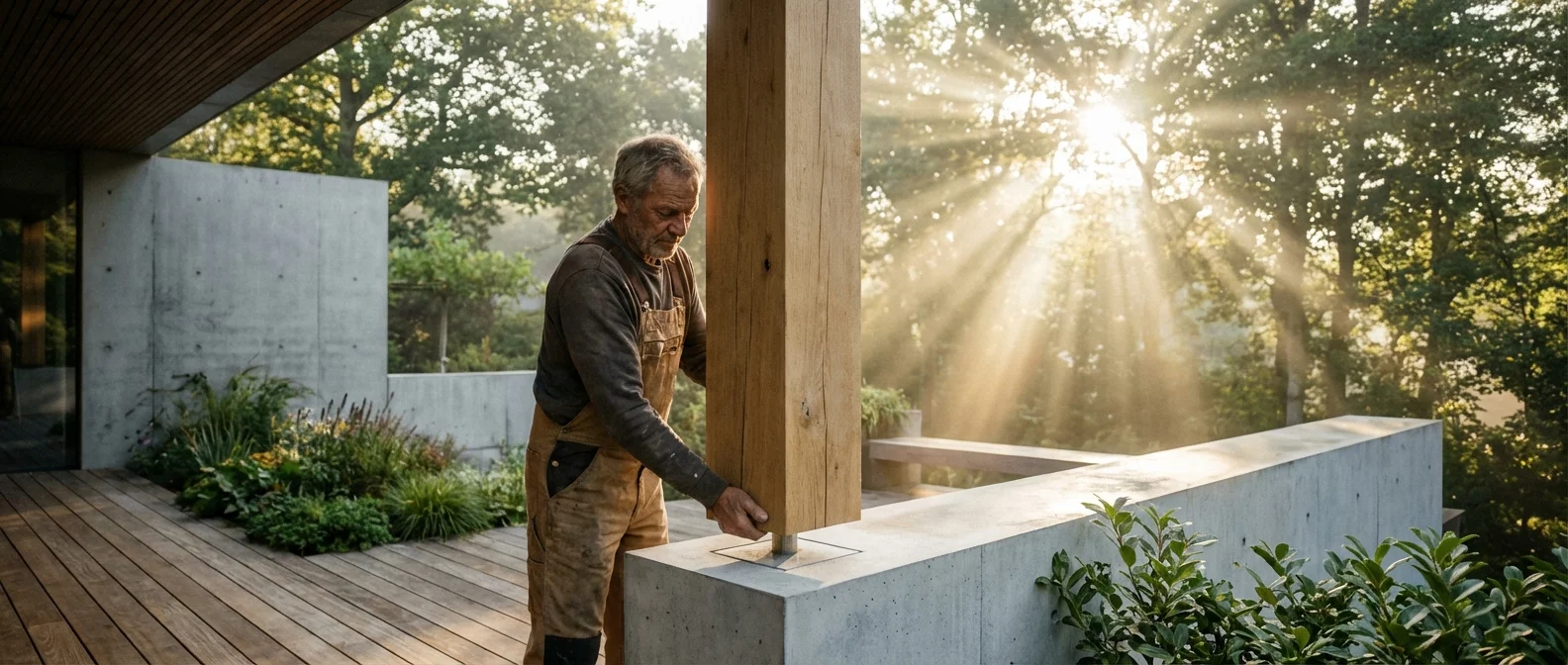 Installation d'un poteau en chêne massif dans un socle en béton sur une terrasse moderne