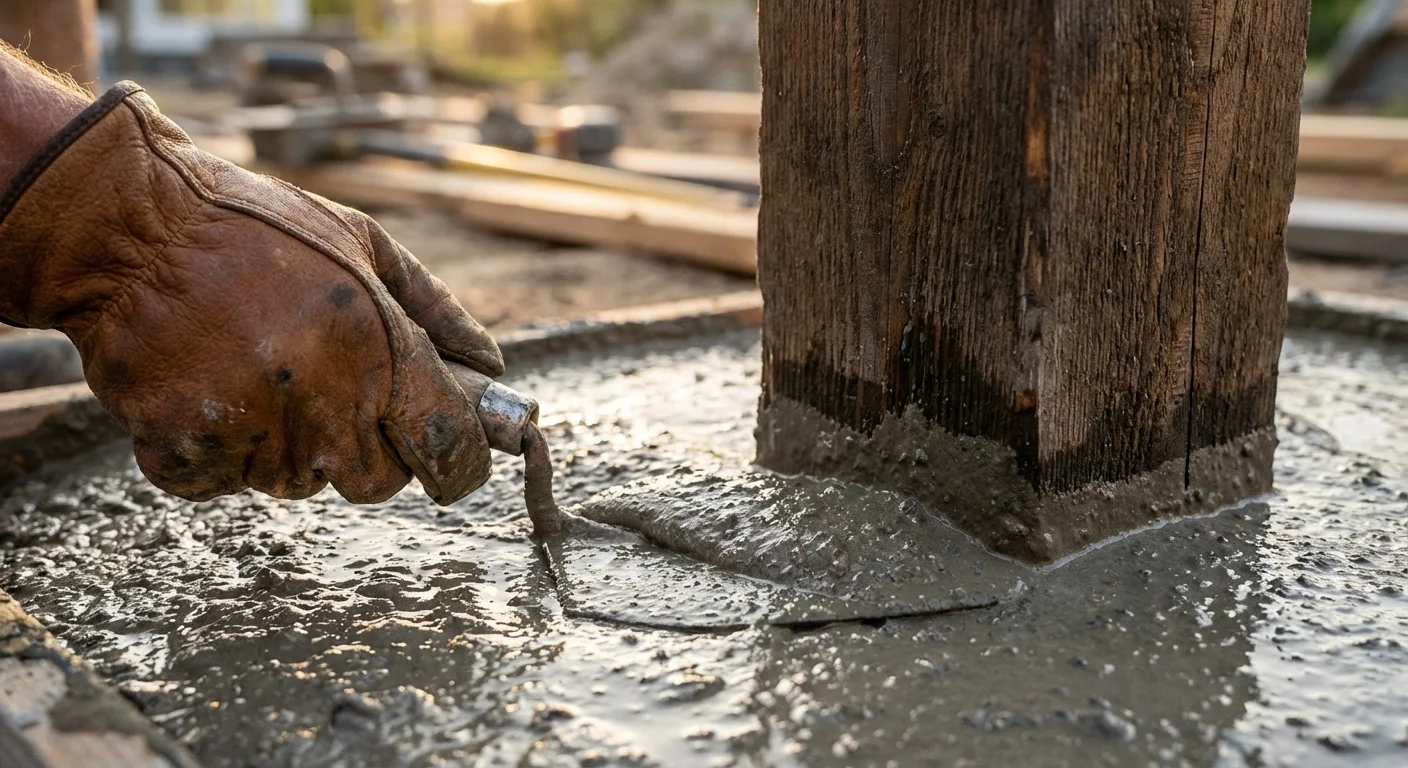 Scellement d'un poteau en bois avec du béton frais