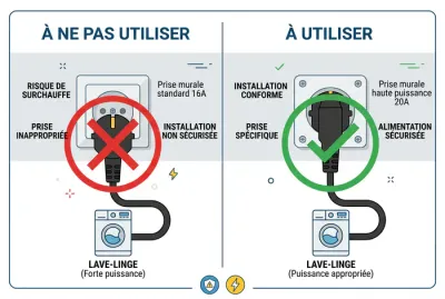 Comparaison infographique : prise classique vs prise dédiée pour machine à laver