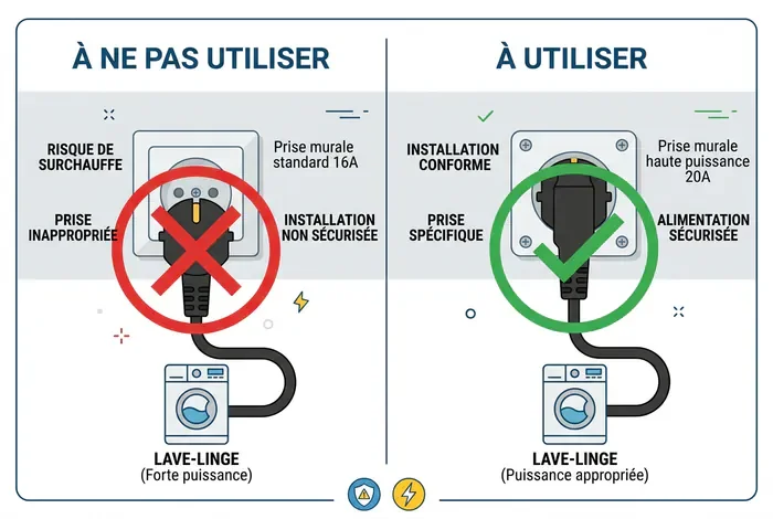 Prise salle de bain : circuit dédié ou non en 2026 ? - Prise salle de bain : 3 règles d'or pour vos circuits - Prise salle de bain : faut-il un circuit dédié obligatoire ? Comparaison infographique : prise classique vs prise dédiée pour machine à laver