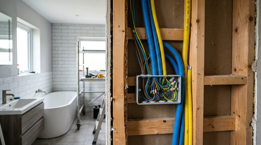 Installation électrique en rénovation de salle de bain Rénovation électrique d'une salle de bain moderne avec conduits ICTA