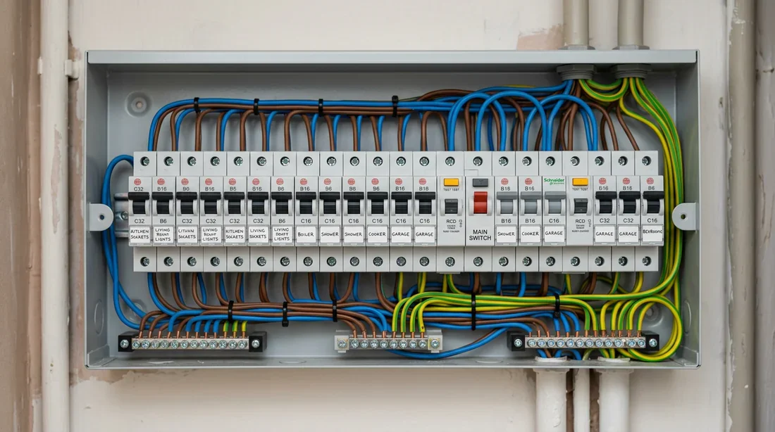 Détail d'un tableau électrique domestique Tableau électrique aux normes avec disjoncteurs bien organisés