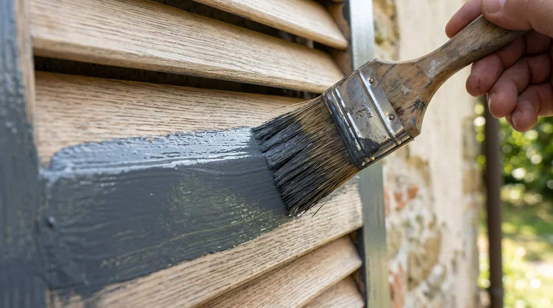 Application d'une peinture gris anthracite de protection sur un volet en bois