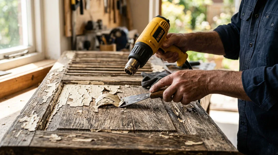Décapage de l'ancienne peinture d'un volet en bois au décapeur thermique
