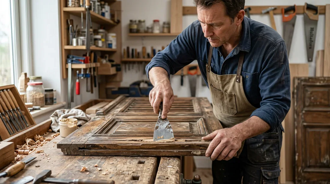 Réparation des fissures et imperfections sur un volet en bois avec de la pâte à bois