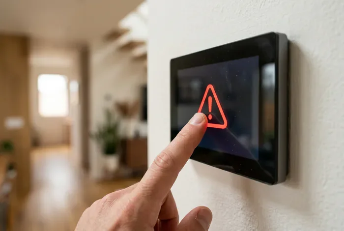 Gros plan sur l ecran d un thermostat mural affichant un symbole de panne