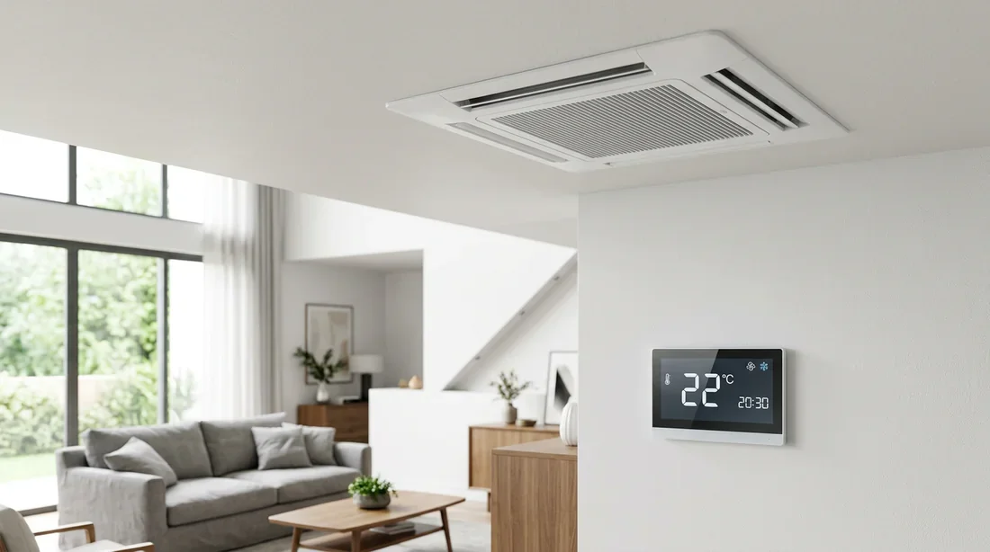 Système de climatisation gainable avec thermostat mural Thermostat digital tactile et bouche de climatisation gainable au plafond dans un appartement moderne