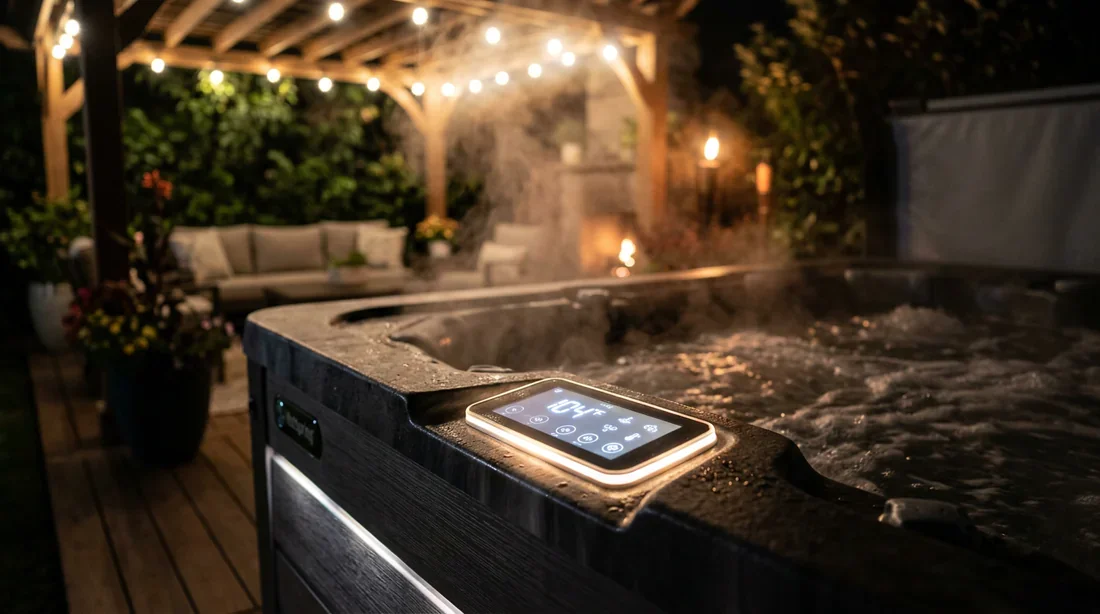 Panneau de contrôle d'un spa Hotspring Highlife allumé la nuit