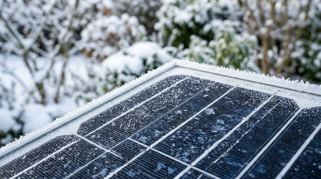Gros plan sur des cellules photovoltaïques givrées en hiver