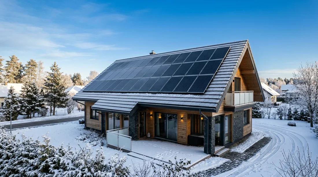 Installation de panneaux solaires sur un toit de maison moderne par une journée d'hiver ensoleillée