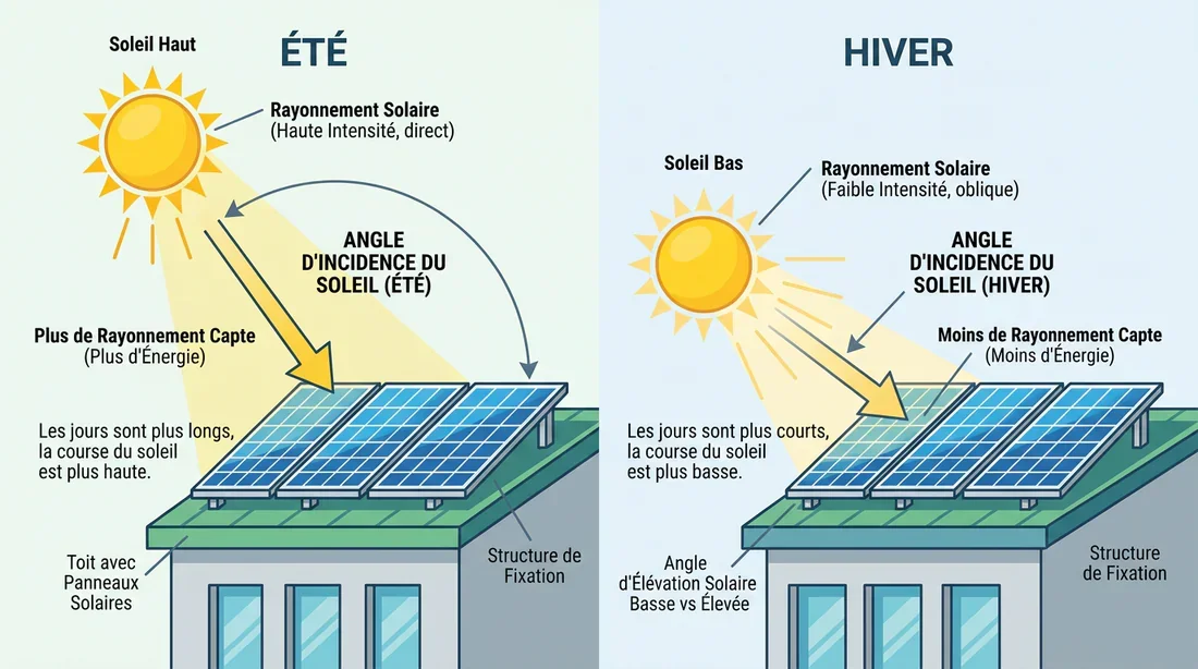 Schéma technique de l'inclinaison des panneaux solaires selon les saisons