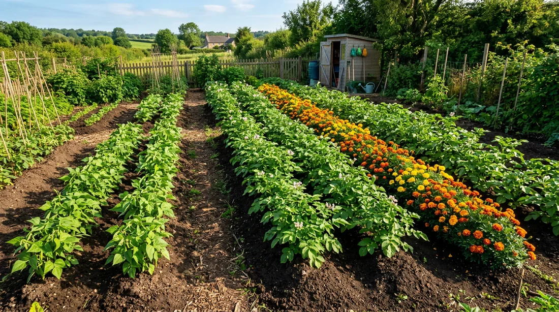 Potager en permaculture avec pommes de terre et plantes compagnes Potager luxuriant avec des pommes de terre et des œillets d'Inde