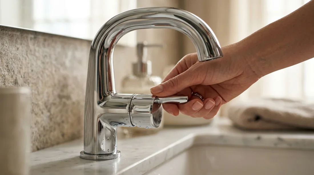 Gros plan d'un mitigeur de lavabo moderne avec un design élégant et des reflets d'eau
