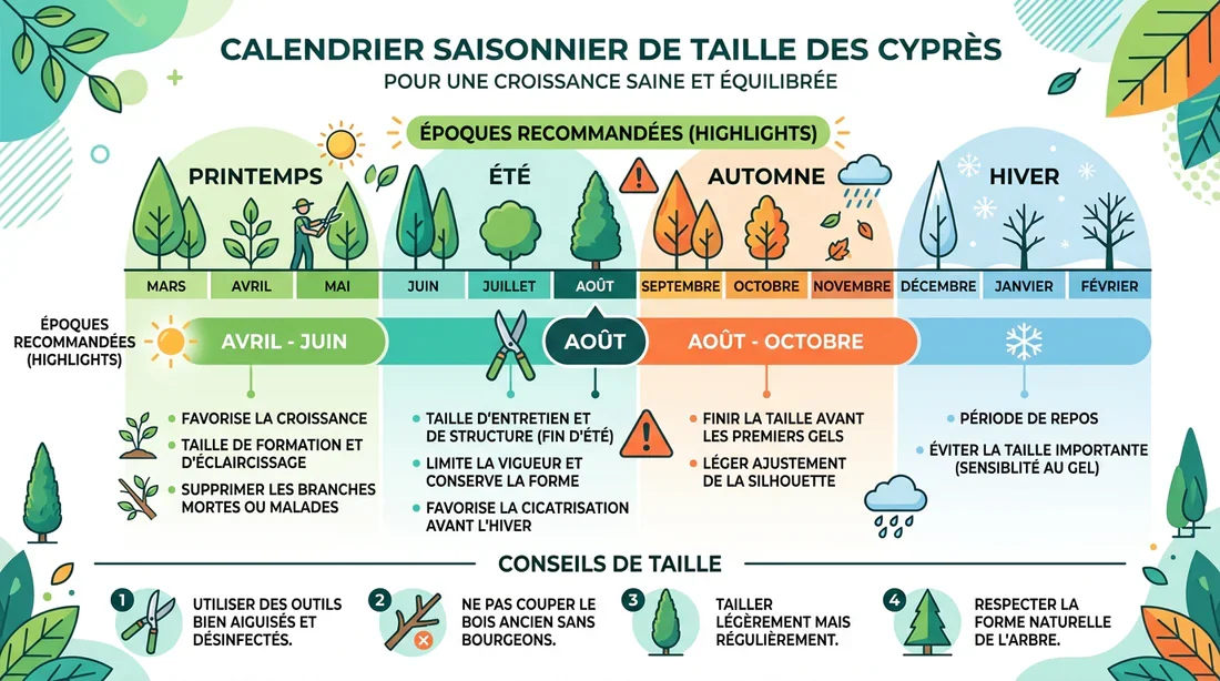 Quand tailler la haie de cyprès de Leyland Infographie montrant les meilleures périodes de l'année pour la taille des cyprès