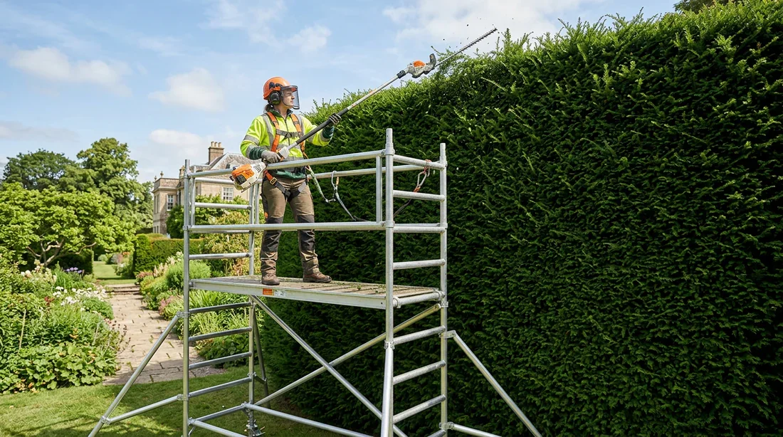 Taille de la cime d'une haute haie de cyprès de Leyland Jardinier professionnel sur un échafaudage taillant la cime d'une grande haie de cyprès de Leyland avec un taille-haie sur perche