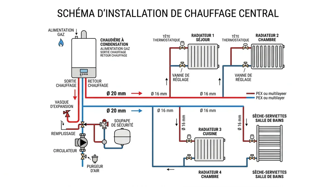 Plan de raccordement multicouche Schéma de distribution de chauffage avec tubes multicouche 16 et 20 mm