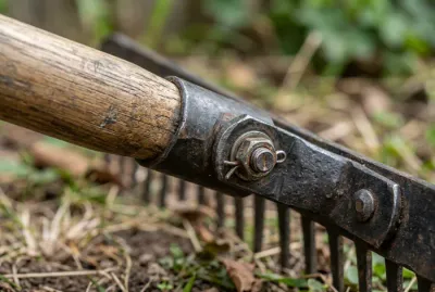 Gros plan sur la charnière et le manche d'un râteau de nivellement artisanal.