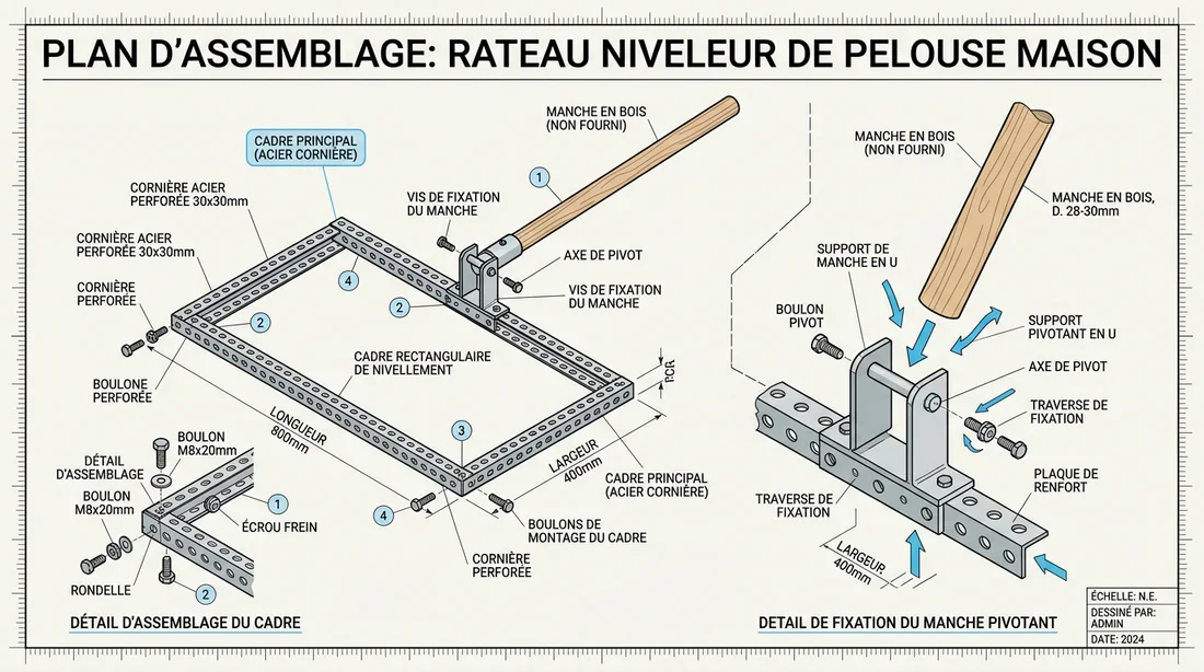 Schéma de montage du râteau fait maison Schéma d'assemblage et plan de montage d'un râteau de nivellement DIY.
